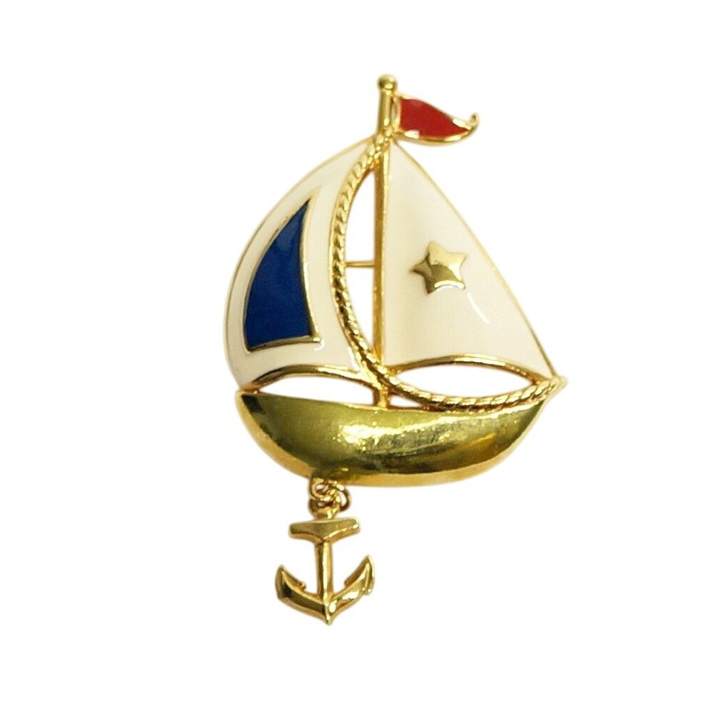 Sailboat Gold-Tone Enamel Pin Brooch With Anchor Charm Nautical Theme White/Blue
